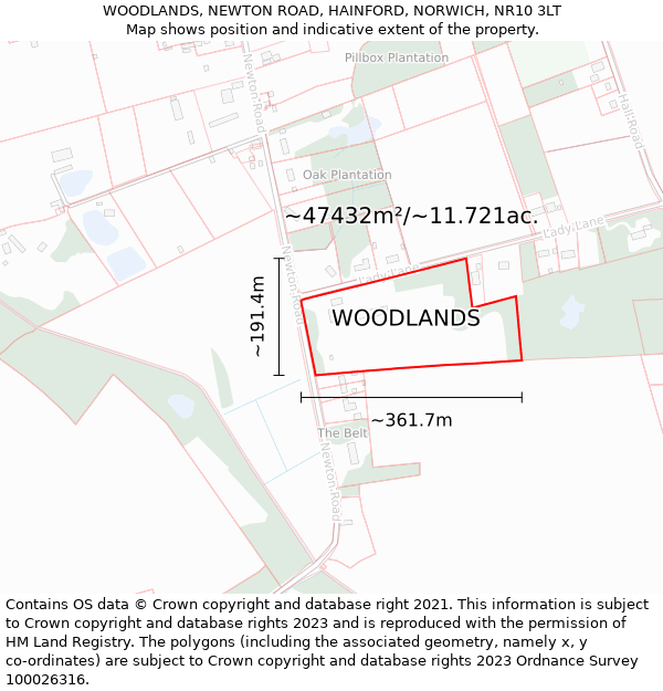 WOODLANDS, NEWTON ROAD, HAINFORD, NORWICH, NR10 3LT: Plot and title map