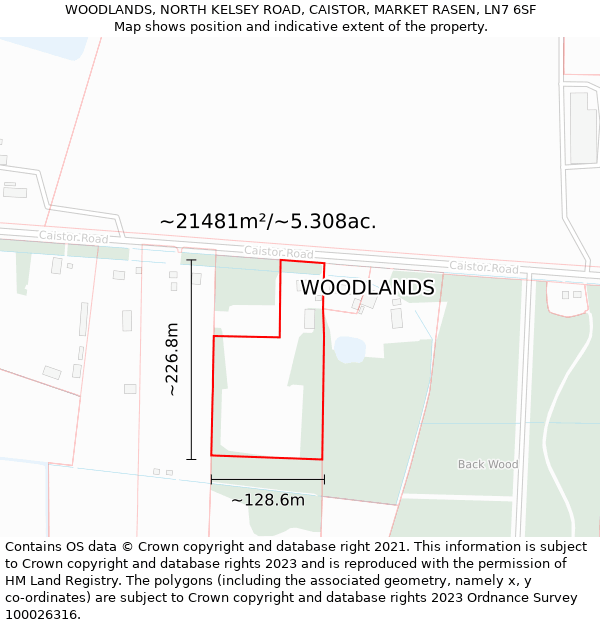 WOODLANDS, NORTH KELSEY ROAD, CAISTOR, MARKET RASEN, LN7 6SF: Plot and title map