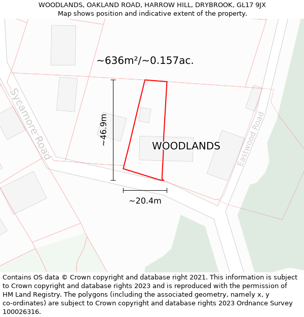 WOODLANDS, OAKLAND ROAD, HARROW HILL, DRYBROOK, GL17 9JX: Plot and title map