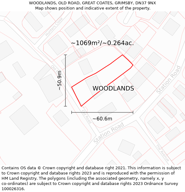 WOODLANDS, OLD ROAD, GREAT COATES, GRIMSBY, DN37 9NX: Plot and title map
