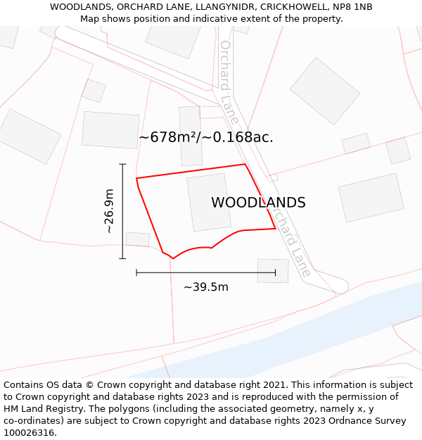 WOODLANDS, ORCHARD LANE, LLANGYNIDR, CRICKHOWELL, NP8 1NB: Plot and title map