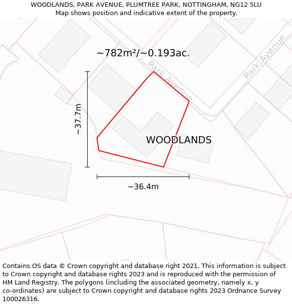 WOODLANDS, PARK AVENUE, PLUMTREE PARK, NOTTINGHAM, NG12 5LU: Plot and title map