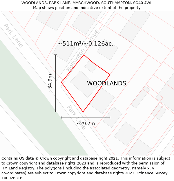WOODLANDS, PARK LANE, MARCHWOOD, SOUTHAMPTON, SO40 4WL: Plot and title map
