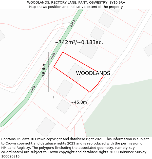 WOODLANDS, RECTORY LANE, PANT, OSWESTRY, SY10 9RA: Plot and title map