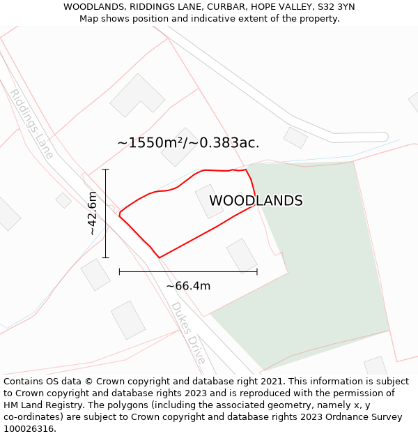 WOODLANDS, RIDDINGS LANE, CURBAR, HOPE VALLEY, S32 3YN: Plot and title map