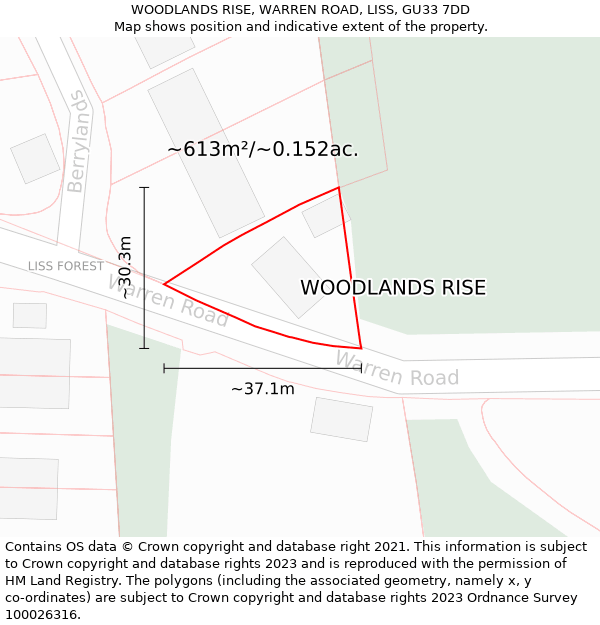 WOODLANDS RISE, WARREN ROAD, LISS, GU33 7DD: Plot and title map