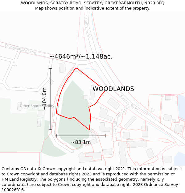 WOODLANDS, SCRATBY ROAD, SCRATBY, GREAT YARMOUTH, NR29 3PQ: Plot and title map