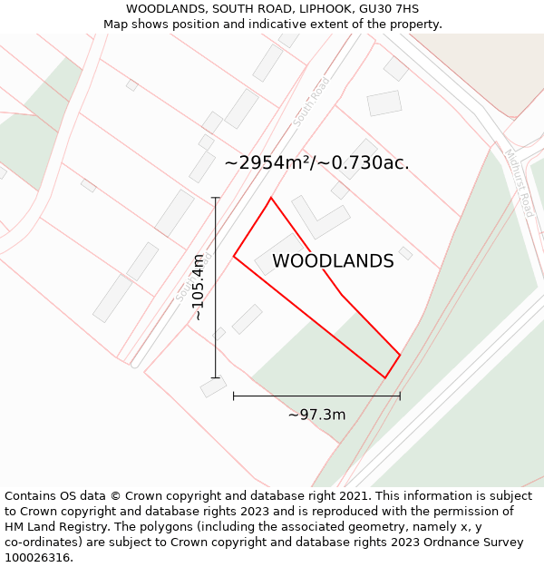 WOODLANDS, SOUTH ROAD, LIPHOOK, GU30 7HS: Plot and title map