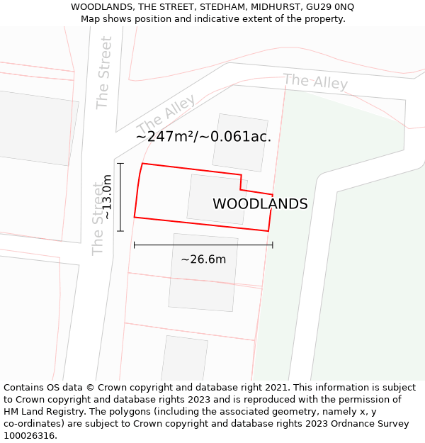 WOODLANDS, THE STREET, STEDHAM, MIDHURST, GU29 0NQ: Plot and title map