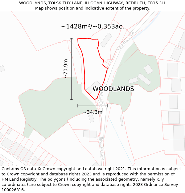 WOODLANDS, TOLSKITHY LANE, ILLOGAN HIGHWAY, REDRUTH, TR15 3LL: Plot and title map