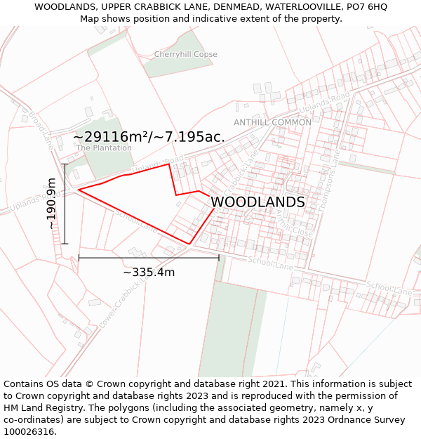 WOODLANDS, UPPER CRABBICK LANE, DENMEAD, WATERLOOVILLE, PO7 6HQ: Plot and title map