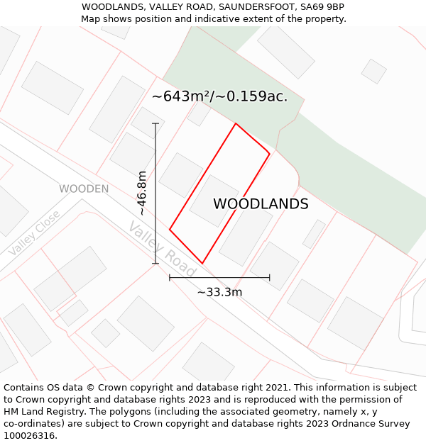 WOODLANDS, VALLEY ROAD, SAUNDERSFOOT, SA69 9BP: Plot and title map