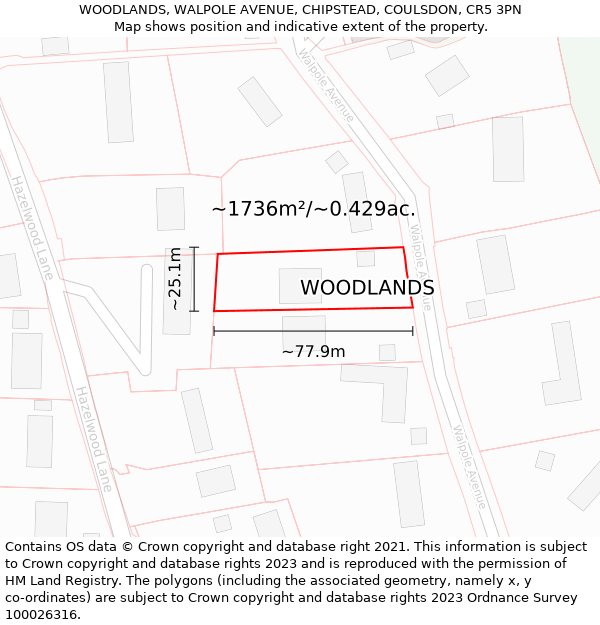 WOODLANDS, WALPOLE AVENUE, CHIPSTEAD, COULSDON, CR5 3PN: Plot and title map