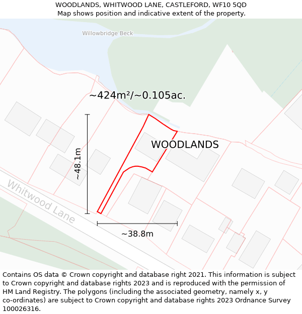 WOODLANDS, WHITWOOD LANE, CASTLEFORD, WF10 5QD: Plot and title map