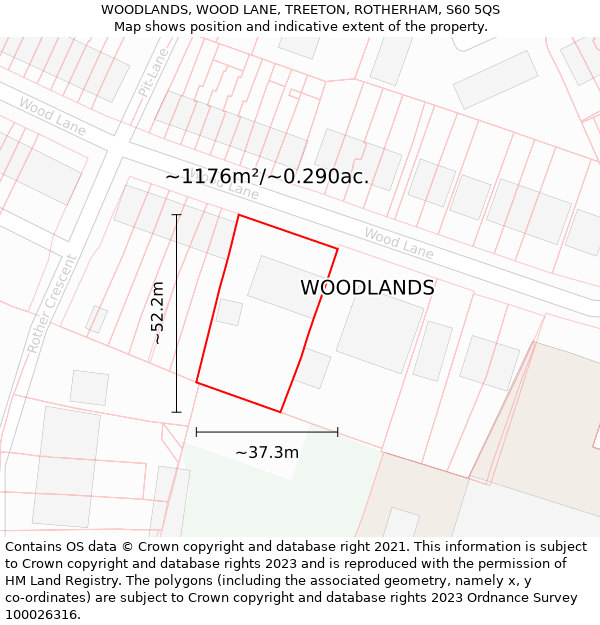 WOODLANDS, WOOD LANE, TREETON, ROTHERHAM, S60 5QS: Plot and title map