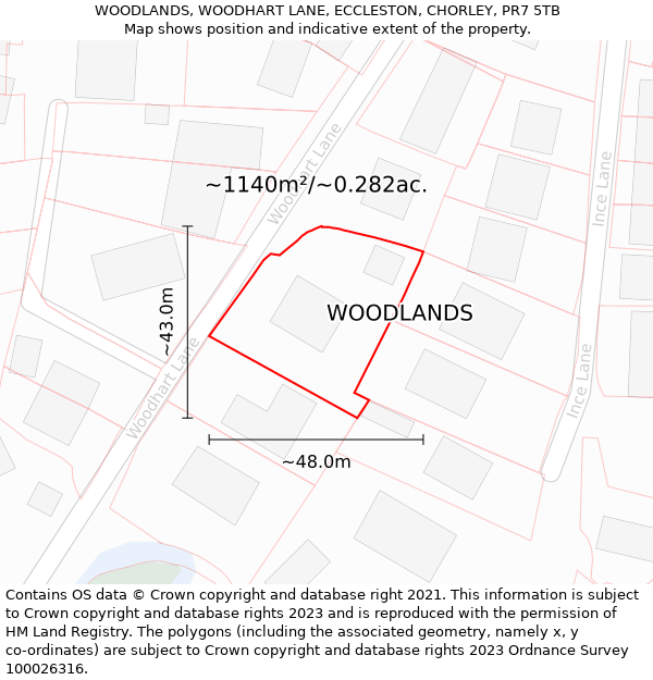 WOODLANDS, WOODHART LANE, ECCLESTON, CHORLEY, PR7 5TB: Plot and title map