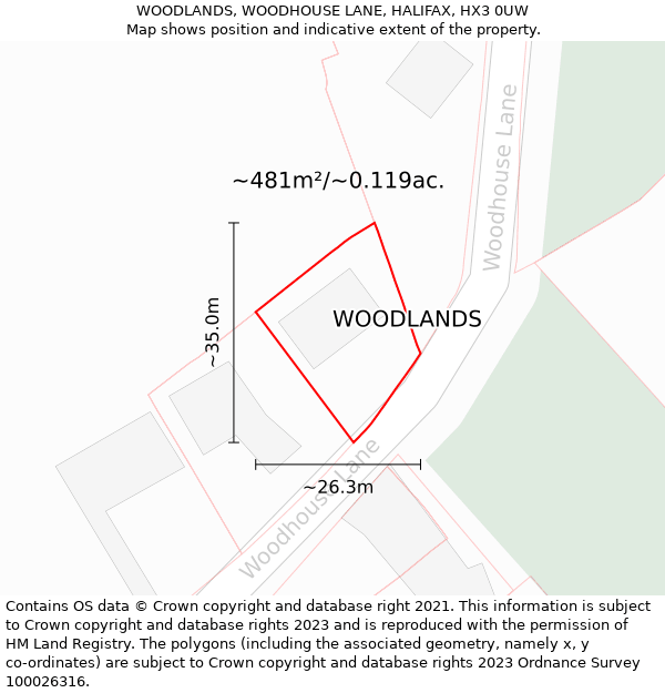 WOODLANDS, WOODHOUSE LANE, HALIFAX, HX3 0UW: Plot and title map