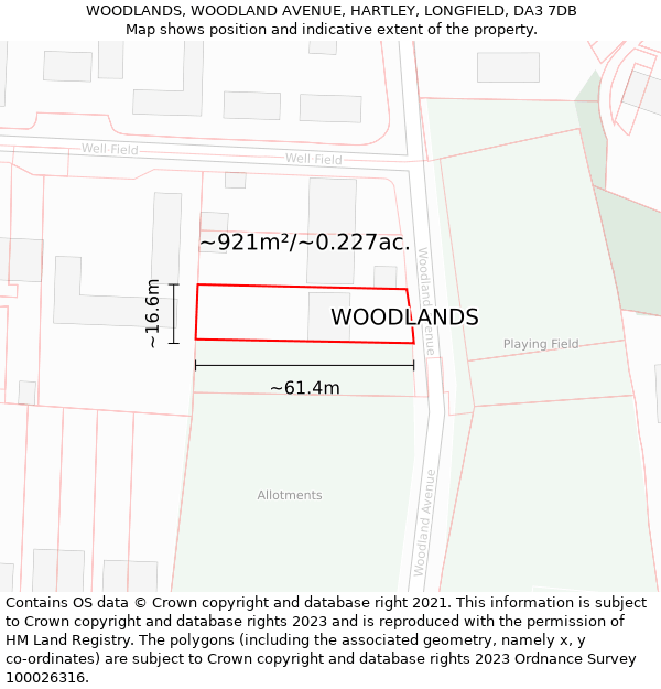 WOODLANDS, WOODLAND AVENUE, HARTLEY, LONGFIELD, DA3 7DB: Plot and title map