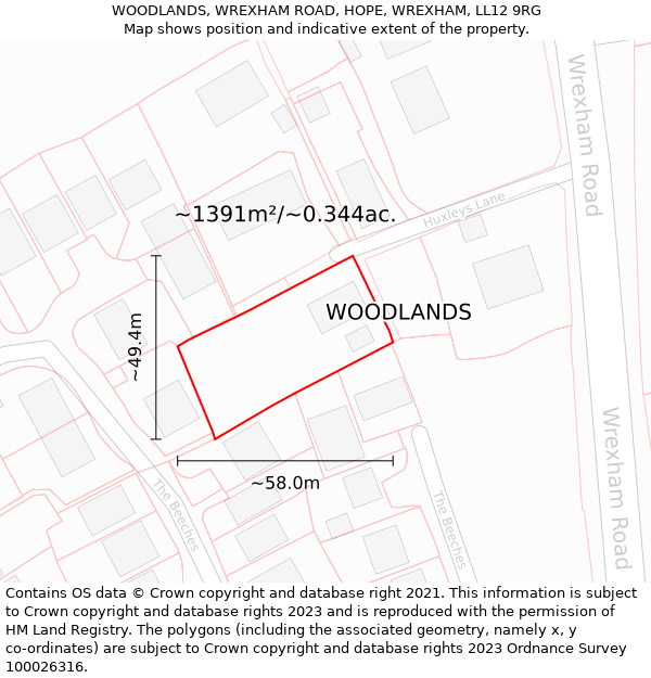 WOODLANDS, WREXHAM ROAD, HOPE, WREXHAM, LL12 9RG: Plot and title map