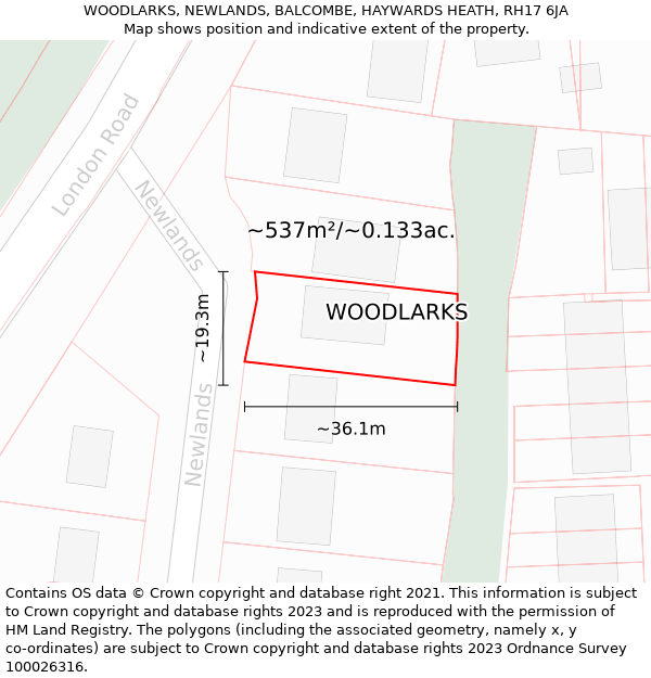 WOODLARKS, NEWLANDS, BALCOMBE, HAYWARDS HEATH, RH17 6JA: Plot and title map