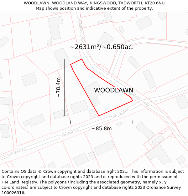 WOODLAWN, WOODLAND WAY, KINGSWOOD, TADWORTH, KT20 6NU: Plot and title map