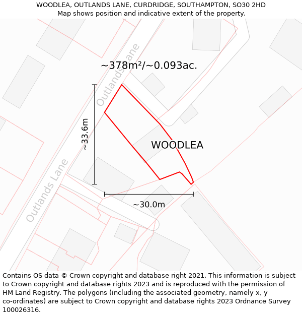 WOODLEA, OUTLANDS LANE, CURDRIDGE, SOUTHAMPTON, SO30 2HD: Plot and title map