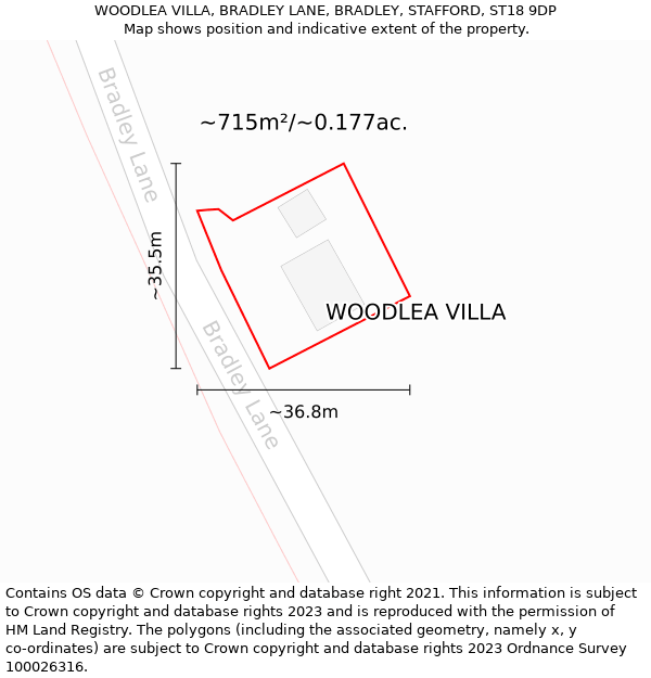 WOODLEA VILLA, BRADLEY LANE, BRADLEY, STAFFORD, ST18 9DP: Plot and title map