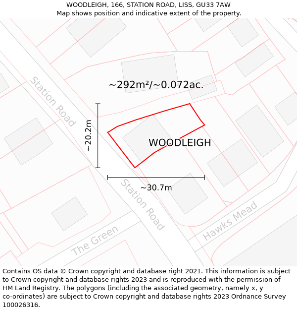 WOODLEIGH, 166, STATION ROAD, LISS, GU33 7AW: Plot and title map