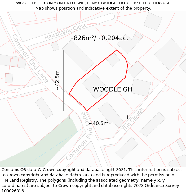 WOODLEIGH, COMMON END LANE, FENAY BRIDGE, HUDDERSFIELD, HD8 0AF: Plot and title map