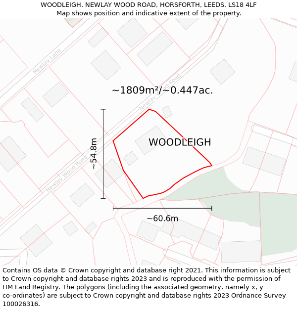 WOODLEIGH, NEWLAY WOOD ROAD, HORSFORTH, LEEDS, LS18 4LF: Plot and title map