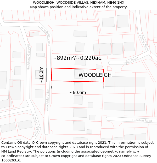 WOODLEIGH, WOODSIDE VILLAS, HEXHAM, NE46 1HX: Plot and title map