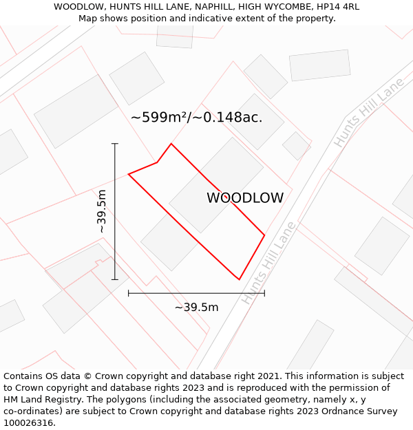 WOODLOW, HUNTS HILL LANE, NAPHILL, HIGH WYCOMBE, HP14 4RL: Plot and title map