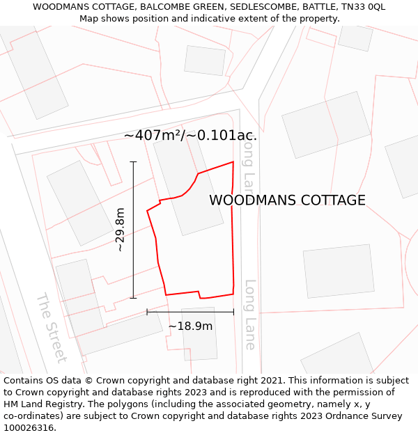 WOODMANS COTTAGE, BALCOMBE GREEN, SEDLESCOMBE, BATTLE, TN33 0QL: Plot and title map