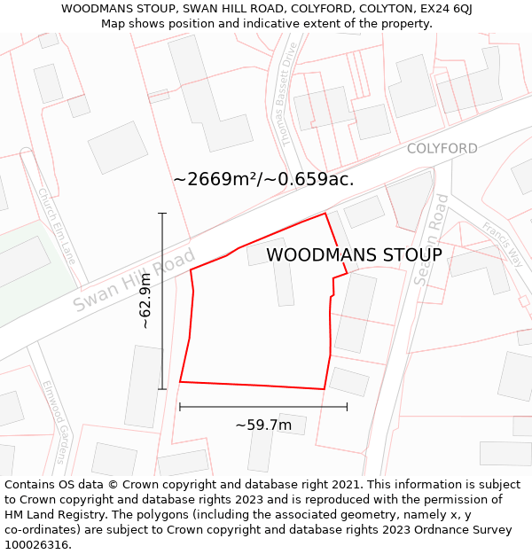 WOODMANS STOUP, SWAN HILL ROAD, COLYFORD, COLYTON, EX24 6QJ: Plot and title map