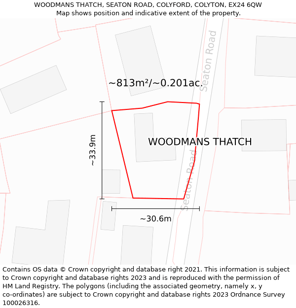 WOODMANS THATCH, SEATON ROAD, COLYFORD, COLYTON, EX24 6QW: Plot and title map