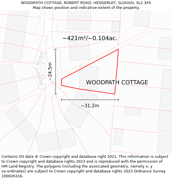 WOODPATH COTTAGE, ROBERT ROAD, HEDGERLEY, SLOUGH, SL2 3XS: Plot and title map