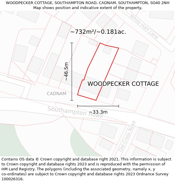 WOODPECKER COTTAGE, SOUTHAMPTON ROAD, CADNAM, SOUTHAMPTON, SO40 2NH: Plot and title map