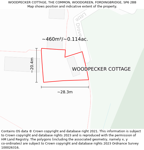 WOODPECKER COTTAGE, THE COMMON, WOODGREEN, FORDINGBRIDGE, SP6 2BB: Plot and title map