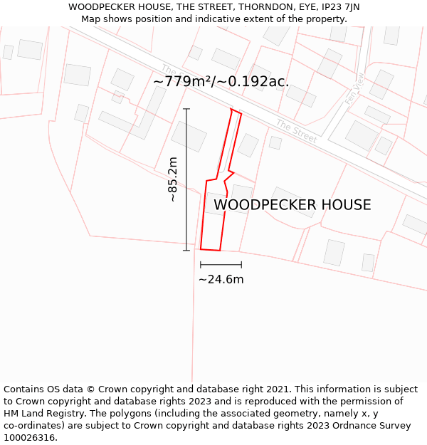WOODPECKER HOUSE, THE STREET, THORNDON, EYE, IP23 7JN: Plot and title map