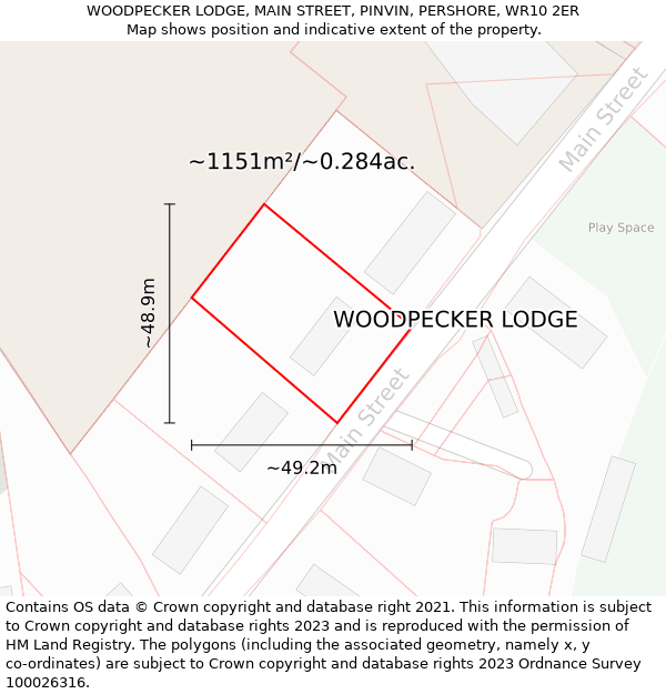 WOODPECKER LODGE, MAIN STREET, PINVIN, PERSHORE, WR10 2ER: Plot and title map