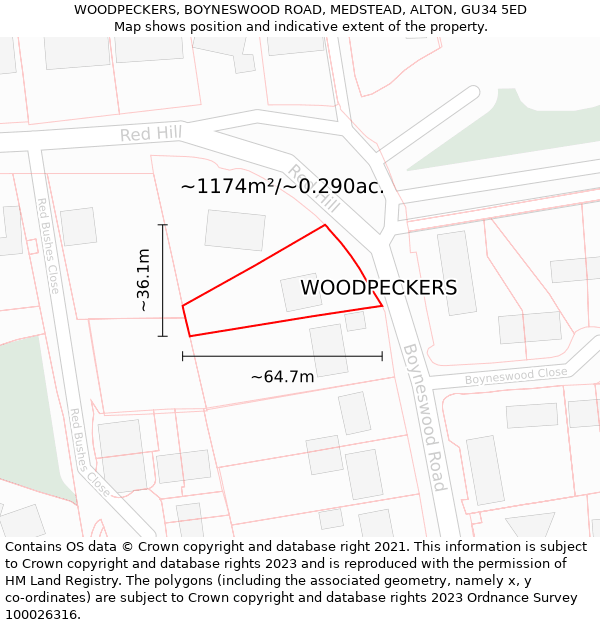 WOODPECKERS, BOYNESWOOD ROAD, MEDSTEAD, ALTON, GU34 5ED: Plot and title map
