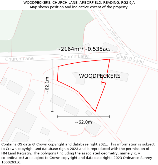 WOODPECKERS, CHURCH LANE, ARBORFIELD, READING, RG2 9JA: Plot and title map