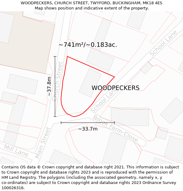 WOODPECKERS, CHURCH STREET, TWYFORD, BUCKINGHAM, MK18 4ES: Plot and title map
