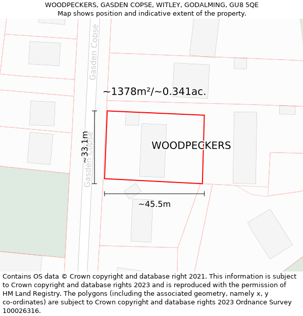 WOODPECKERS, GASDEN COPSE, WITLEY, GODALMING, GU8 5QE: Plot and title map