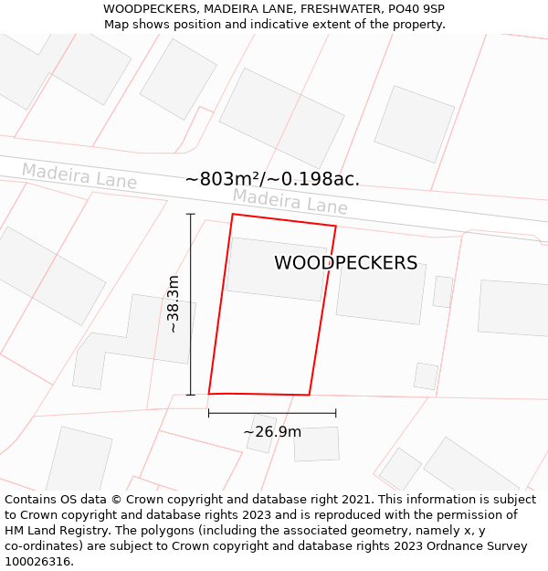 WOODPECKERS, MADEIRA LANE, FRESHWATER, PO40 9SP: Plot and title map