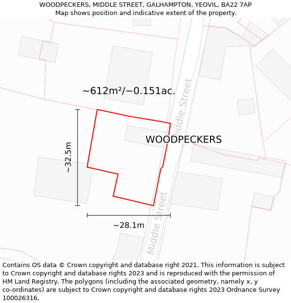 WOODPECKERS, MIDDLE STREET, GALHAMPTON, YEOVIL, BA22 7AP: Plot and title map