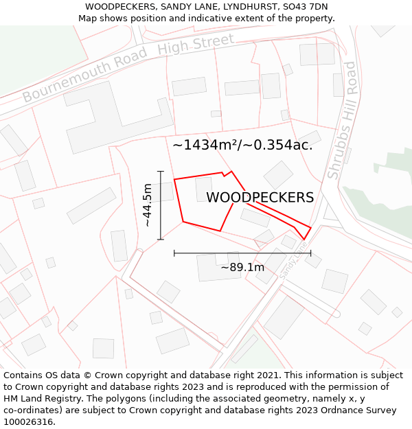 WOODPECKERS, SANDY LANE, LYNDHURST, SO43 7DN: Plot and title map