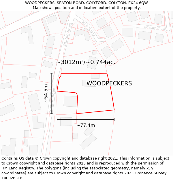 WOODPECKERS, SEATON ROAD, COLYFORD, COLYTON, EX24 6QW: Plot and title map
