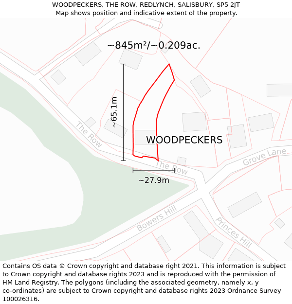 WOODPECKERS, THE ROW, REDLYNCH, SALISBURY, SP5 2JT: Plot and title map