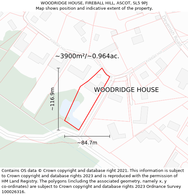 WOODRIDGE HOUSE, FIREBALL HILL, ASCOT, SL5 9PJ: Plot and title map
